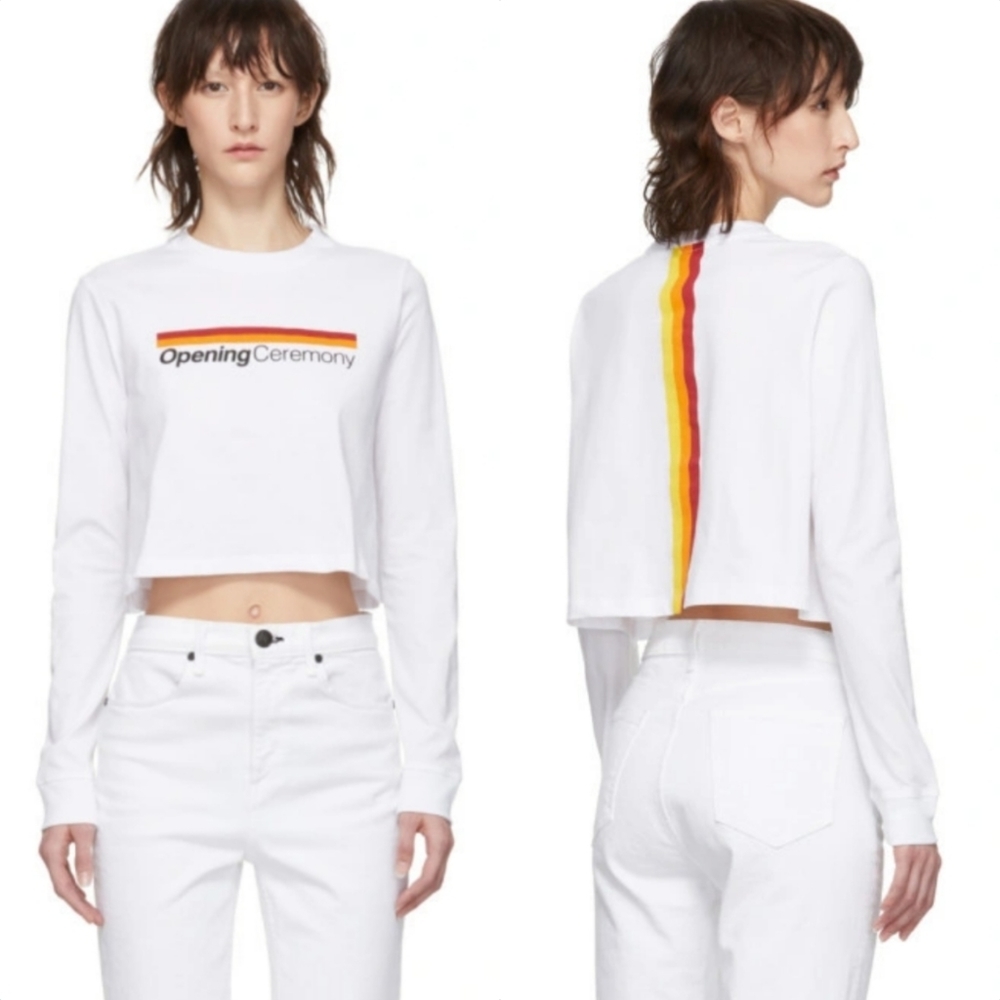 New Opening Ceremony Striped Logo Spellout Long Sleeve Crewneck Tee Crop Top